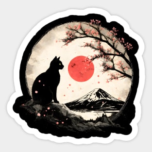 Cat Under Red Moon Sakura Night Sticker